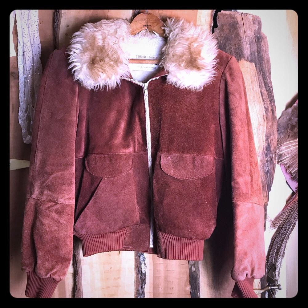 VINTAGE 70s Suede and Faux Fur Bomber Jacket S - Picture 1 of 8